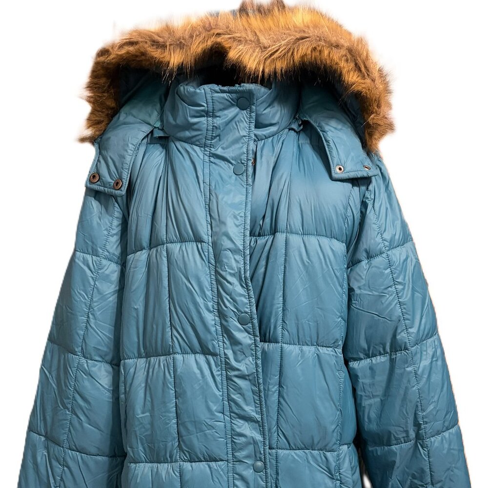 Womens Winter Coat with Fur Trim Hood-Teal with Brown Faux Fur, sz 3X